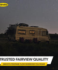 Fairview propane regulator product banner on a night campsite; motorhome with bicycles on back under a starry sky.