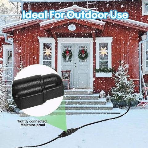 Outdoor Power Extension Cord 30 Ft 16 AWG 3 Prong Grounded Heavy Duty Weatherproof Cable used with Christmas lights in snowy yard.