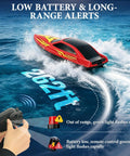 Remote Control RC Boat For Kids With 7 LED Modes 60 Minutes Play Time 15 KPH Speed Boat highlighted with range alerts.