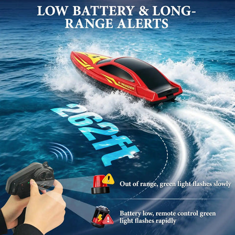 Remote Control RC Boat For Kids With 7 LED Modes 60 Minutes Play Time 15 KPH Speed Boat highlighted with range alerts.