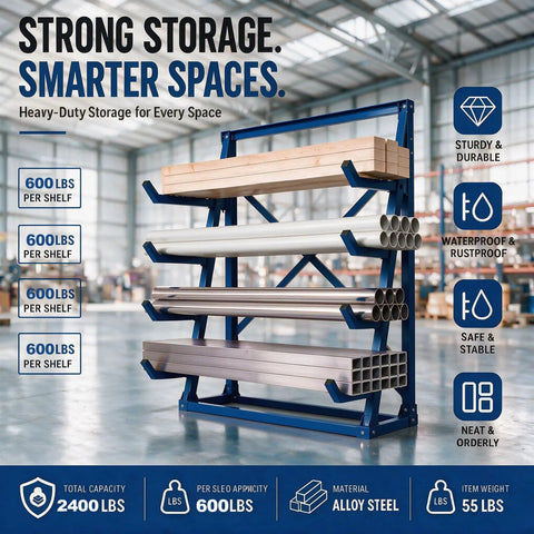 Rugged 8 X 20 Adjustable Arm Lumber Rack Four Tier Cantilever Wood Storage Organizer Waterproof Steel Shop Shelf Built To Crush Your Daily Grind And Save Space