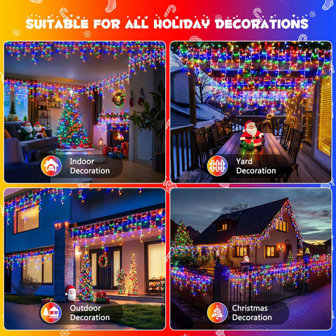Epic 800 LED Icicle Christmas Lights Outdoor Plug In Multicolor With 160 Drops Waterproof 8 Modes 77.6 Feet Length in use