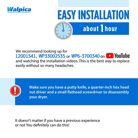 Infographic on easy installation for Dryer Drum Support Roller Belt Idler Pulley Repair Kit For Neptune Atlantis 3000 Series.