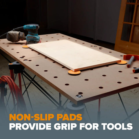 Centipede Panel Cutting Accessory Kit Fits All Centipede Work Stands With 4 X Cups 4 Quick Clamps 6 Non Slips And 2 Hooks Turns Any Portable Table Into A Pro Cutting Station For Sawhorse And Folding Table Applications shown in use on a table with non-slip pads