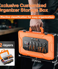 Person holding double-layer carry case of Pro Grade Ratchet Crimping Tool Kit for Insulated Terminals and Wire Connectors AWG20-10 0.5-6mm2
