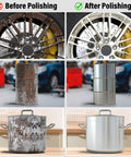 BURMONG 8-inch buffing wheel kit for 4.5" angle grinders; collage shows before/after polishing on wheel, drum, and pot surfaces