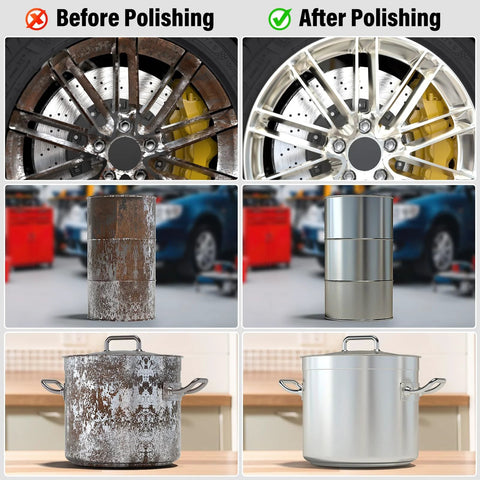 BURMONG 8-inch buffing wheel kit for 4.5" angle grinders; collage shows before/after polishing on wheel, drum, and pot surfaces
