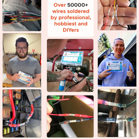 Waterproof Solder Seal Wire Connectors Kit, 500 pcs, multiple uses in automotive wiring and DIY projects, box and connectors displayed.