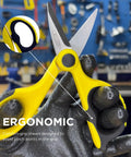 Fiber Optic Kevlar Cutter Scissors With Belt Loop Pouch For Electricians And Techs Pro Grade in use, ergonomic grip