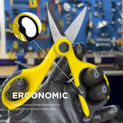 Fiber Optic Kevlar Cutter Scissors With Belt Loop Pouch For Electricians And Techs Pro Grade in use, ergonomic grip