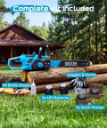 40V 16 Inch Cordless Chainsaw With Brushless Motor Two 4Ah Batteries And Charger displayed on grass with kit items