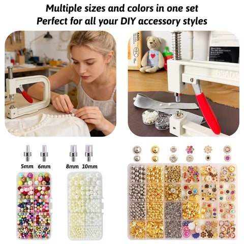 All In One Pearl Setting Kit With 4085 Beads And Nails For DIY Pearl Setting Machine Hand Press Beading Tool displayed with accessories.