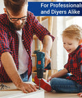 Man with drill and child in workshop setting for DIY projects.