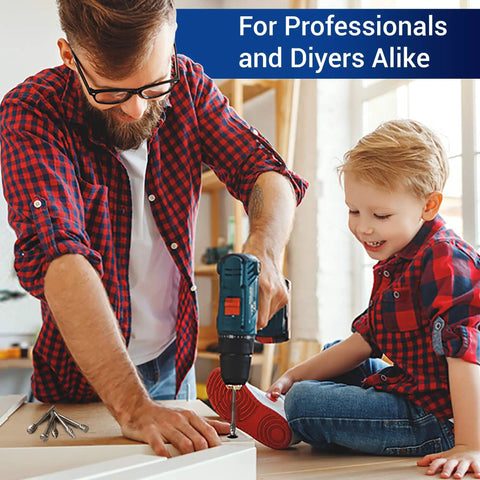 Man with drill and child in workshop setting for DIY projects.