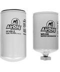 Must Have Replacement Water Separator And Diesel Fuel Filter Kit For WS100 And FF100-2 Combo Pack Replacement Only For Diesel Fuel Systems Maintenance Includes Water Separator And Filter Elements Not A Full Fuel System. Image shows two cylindrical filters with AirDog branding, designed for diesel filtration system maintenance.