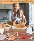Ultimate Sourdough Starter Kit With 9 Inch Round And 10 Inch Oval Proofing Baskets, tools, and happy bakers in kitchen.