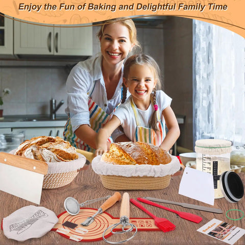 Ultimate Sourdough Starter Kit With 9 Inch Round And 10 Inch Oval Proofing Baskets, tools, and happy bakers in kitchen.