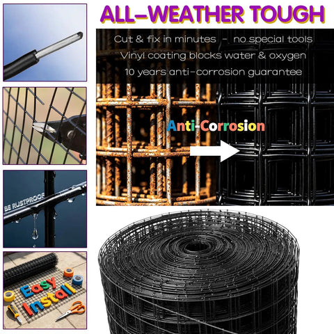 Rock-Solid Heavy-Duty Black Hardware Cloth Fencing roll showcasing vinyl coating for anti-corrosion and easy installation.