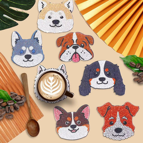 Dog Shaped Diamond Painting Coasters Kit With Holder For Drinks 8 Pieces DIY Diamond Art Coasters For Beginners And Adults Includes Diamonds Glue Pens Trays And Holder A Fun Craft Gift For Craft Lovers displayed on table.