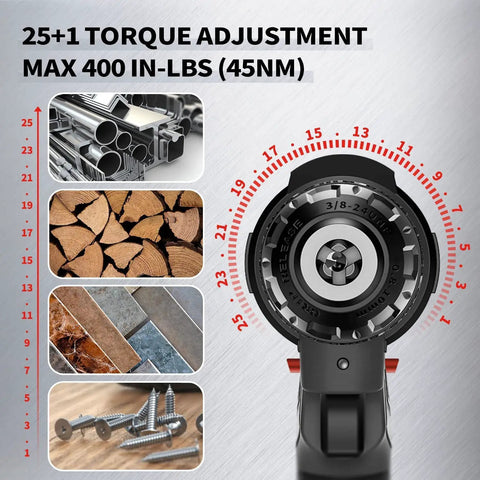 Close-up of 21V Cordless Drill Kit with torque adjustment feature, displaying max 400 in-lbs torque for varied materials.