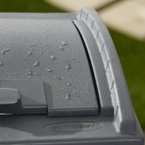 Close-up of Hideaway Outdoor Trash Can With Lid, Resin Waste Container For Patio Garden Deck, weather-resistant lid detail