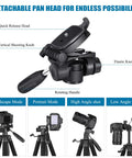 Image showing detachable pan head and shooting modes of 74 Inch Aluminum Camera Tripod For Cameras And Phones Pro Grade Stand