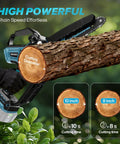 Cordless Mini Chainsaw 8 Inch And 10 Inch For Makita 18V Battery Compatible cutting tree limb, showing blade size and cut diameter.