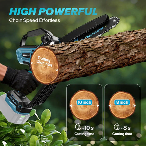 Cordless Mini Chainsaw 8 Inch And 10 Inch For Makita 18V Battery Compatible cutting tree limb, showing blade size and cut diameter.