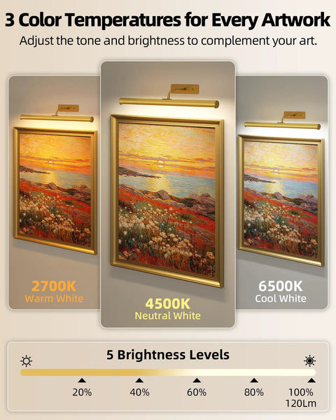 Wireless 16 Inch Picture Light With Built In Rechargeable Battery, Long Lasting wall-mounted art lamp showcasing 3 color temperatures.