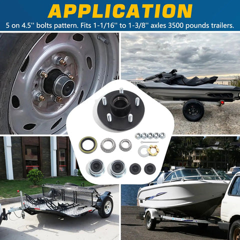 Hella Tough Five By Four Point Five Trailer Hub Kit With EZ Lube Design For Three Thousand Pound Axles featuring detailed application images.