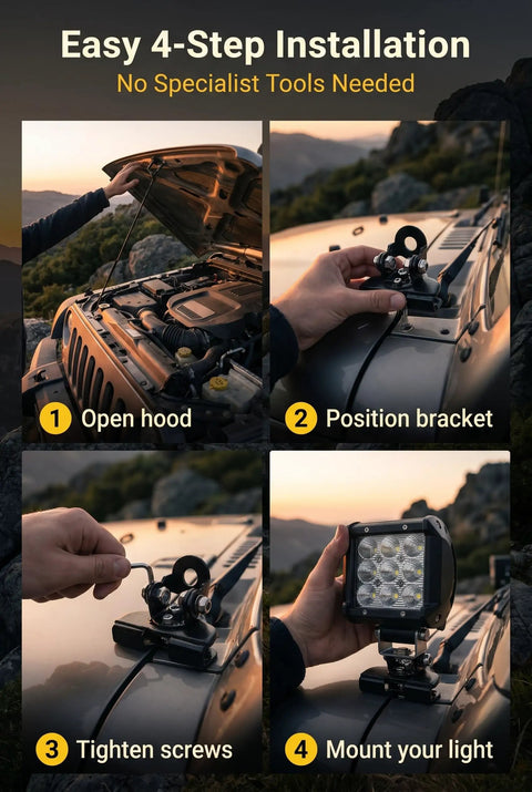 Step-by-step installation of Two Pack Rugged Car LED Light Bar Mounting Brackets for Hood Mounting on off-road vehicle.
