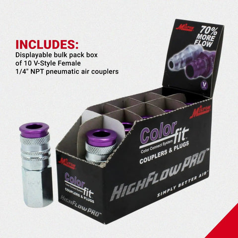 HighFlowPRO V Style Purple Pneumatic Couplers And One Quarter Inch NPT Air Plugs Easy Push To Connect ColorMatch Set Pro Grade Tool Power Compatible With V Style Connectors Box Of Ten