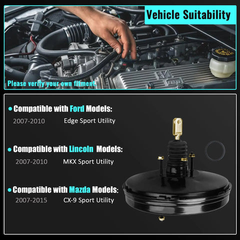 Built Tough Replacement Vacuum Power Brake Booster For Ford Edge Lincoln MKX Mazda Cx9 2007 To 2015 35l 37l V6 Direct Swap No Extra Parts Needed Black Steel installed in engine compartment with hand adjustment.