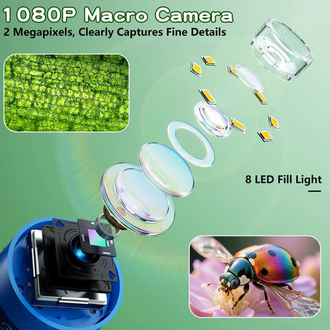 1000X Digital Kids Microscope Kit For Curious Learners With 12 Slides And A 2 Inch Screen Blue Kid Friendly And Super Fun For Exploring Cells Insects Coins And More 100X To 1000X Magnification macro lens diagram with 8 LED fill light