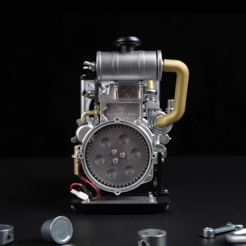 Boss Mini Diesel Engine Model Kit With Real Working OHV Four Cylinder Mechanism Slick Metal DIY Assembly Set displaying detailed metallic engine parts.