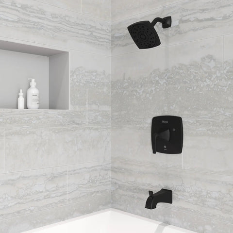 Tub And Shower Trim Kit With Valve And Cartridge, Single Handle, 3 Function Shower Head, Tub Spout, Slick Matte Black Finish