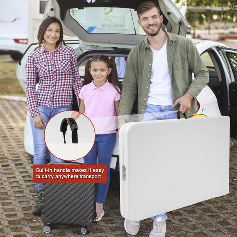 Heavy Duty Eight Foot Folding Table Fold In Half Utility Table For Indoor Outdoor Use being carried by a person with handle