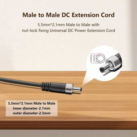 5.5mmx2.1mm male to male DC extension cord with nut-lock, Universal 12V Locking Power Adapter For Cameras And Telescopes
