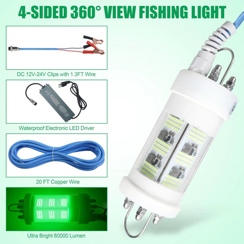 Beast Bright 160W Submersible Fishing Light With 80000 Lumens, IP68 Waterproof Green LED showing components and 20ft cord