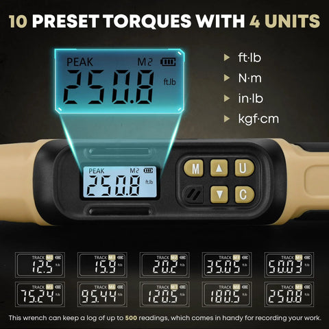 Pro Digital Torque Wrench Half Drive With 12.5 To 250.7 Ft Lb Range Plus Or Minus 1 Percent Accuracy LCD Readout showing 250.8 ft-lb