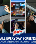 Hands using devices: person touching a laptop screen, TV remote, and car dash screen with 'Windex' logo at bottom.