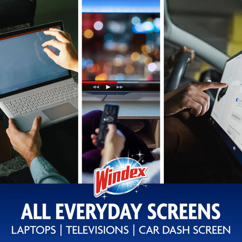 Hands using devices: person touching a laptop screen, TV remote, and car dash screen with 'Windex' logo at bottom.