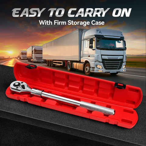 Three Quarter Inch Extendable Drive Ratchet With Twenty Four Tooth Gear in red case with background of trucks