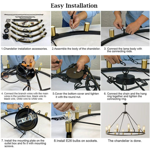 Easy installation guide for Black And Gold 9 Light Industrial Wagon Wheel Farmhouse Chandelier, Round Rustic Lighting Fixture.