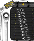 Ultra Slim Ratcheting Wrench Set With 26 Pieces, Metric And SAE Open-End And Box-End Wrenches, black case, wrenches displayed.