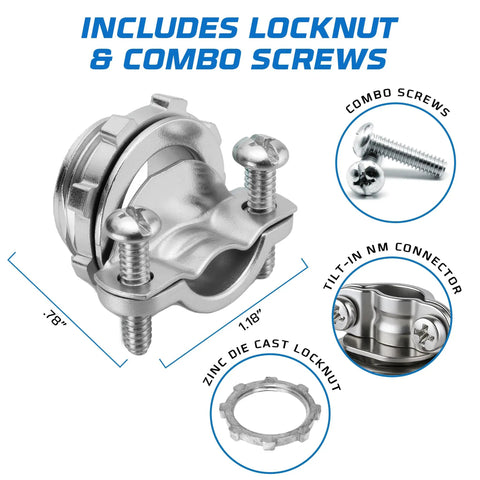 Beefy Zinc Alloy Half Inch Clamp Type Cable Connectors with locknut and screws for NM cables and wires, 100 pack.