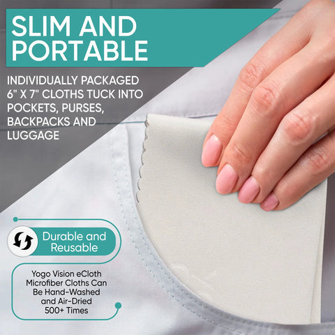 Close-up of hand holding gray microfiber cleaning cloth (6x7 in) for eyeglasses and screens.