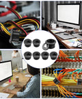 One Inch Desk Grommet Caps, Heavy Duty Plastic Wire Hole Covers To Keep Your Setup Straight Up Clean, Smooth Install Cord Organizer, Matte Black Ten Pack on desks and wires.