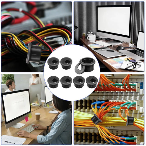 One Inch Desk Grommet Caps, Heavy Duty Plastic Wire Hole Covers To Keep Your Setup Straight Up Clean, Smooth Install Cord Organizer, Matte Black Ten Pack on desks and wires.