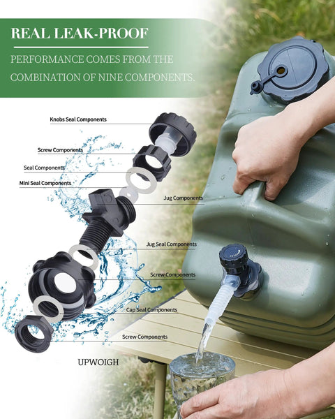 Demonstration of 5 Gallon Water Jug For Camping And Overlanding, Leak-Proof Water Storage With Spigot, BPA Free, in use outdoors.